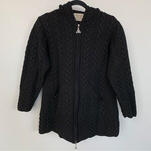 Aran Sweater Market 100% Merino Wool Black Full Zip Sweater w/Hood Size S